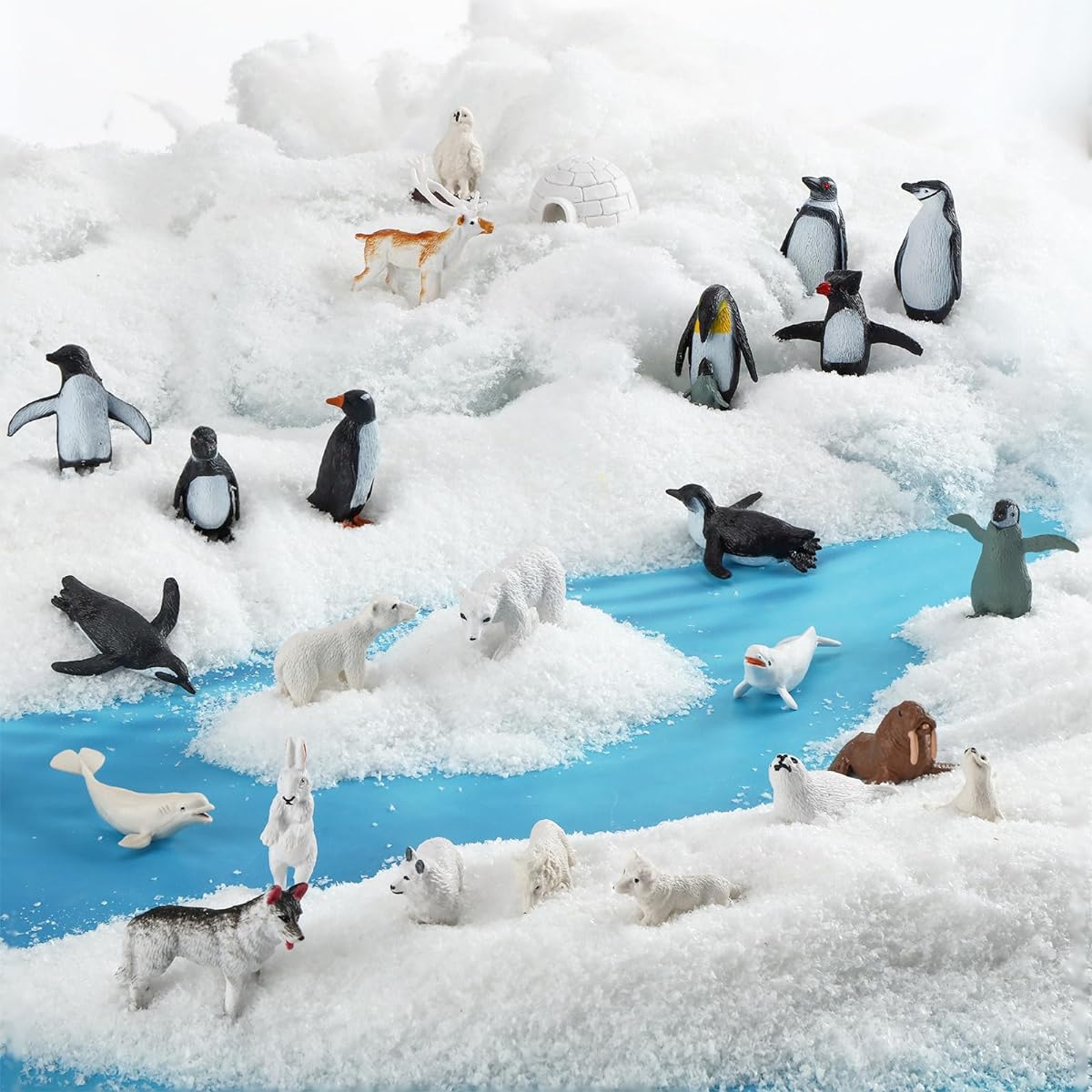 26 Pieces Mini Arctic Animal Figure Set Polar Animals Realistic Plastic Bear Penguin Seal Dolphin Figure Toy Gift 100g PE Fake Artificial Snow for Birthday Party Favors (Cute Style)