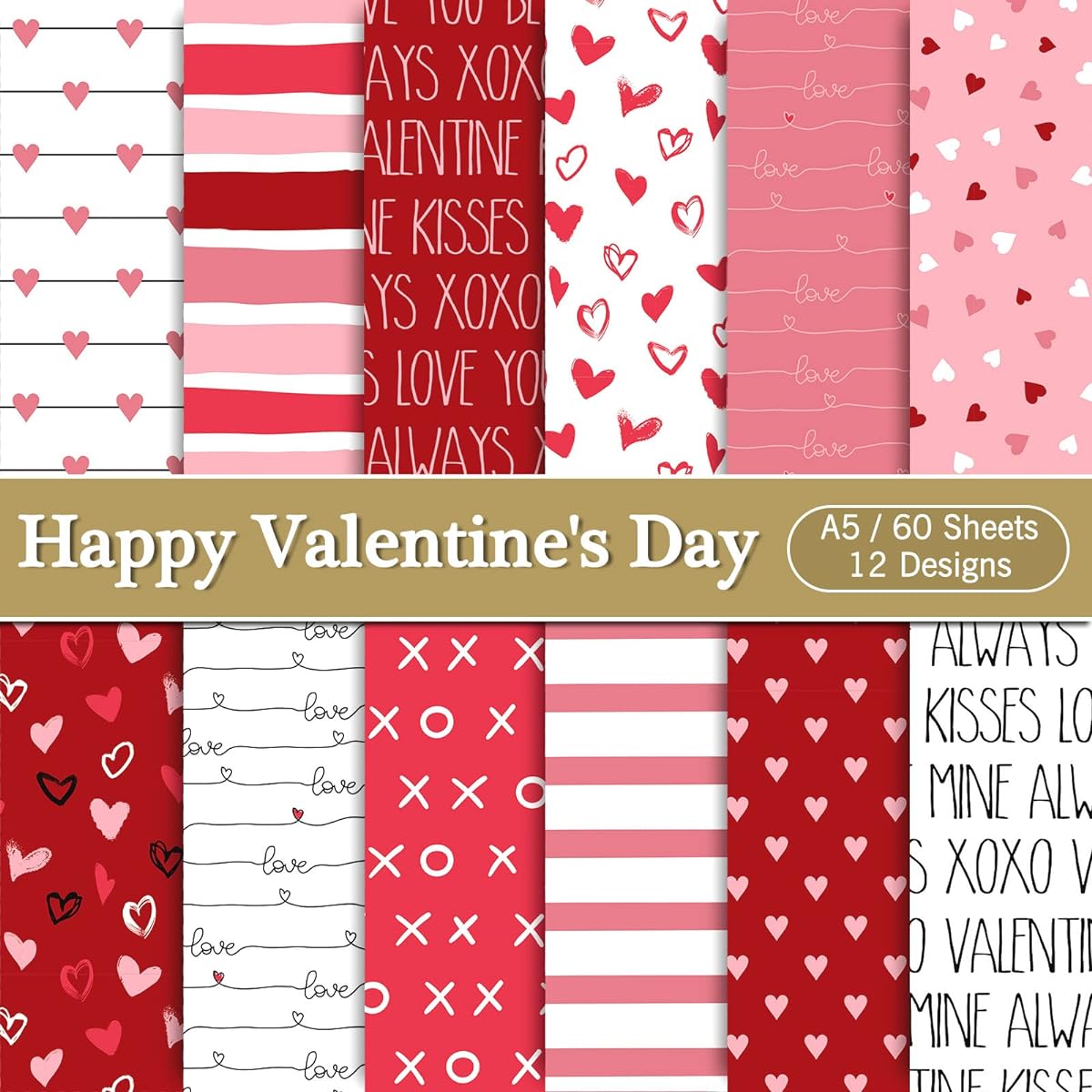 Whaline 60 Sheets Valentine's Day Pattern Paper A5 Size Red Pink White Heart Scrapbook Paper Double Sided Romantic Craft Paper for DIY Background Card Making Scrapbook Photo Album Decoration 12 Designs