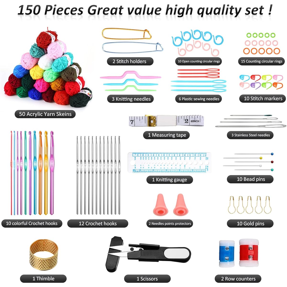 Janinka 50pcs Crochet Kit with Crochet Hooks, Yarn Set, Crochet Beginner Kit with Yarn Ball Needles and Lots of Starter Pack for Kids, Adults, Beginners and Professionals