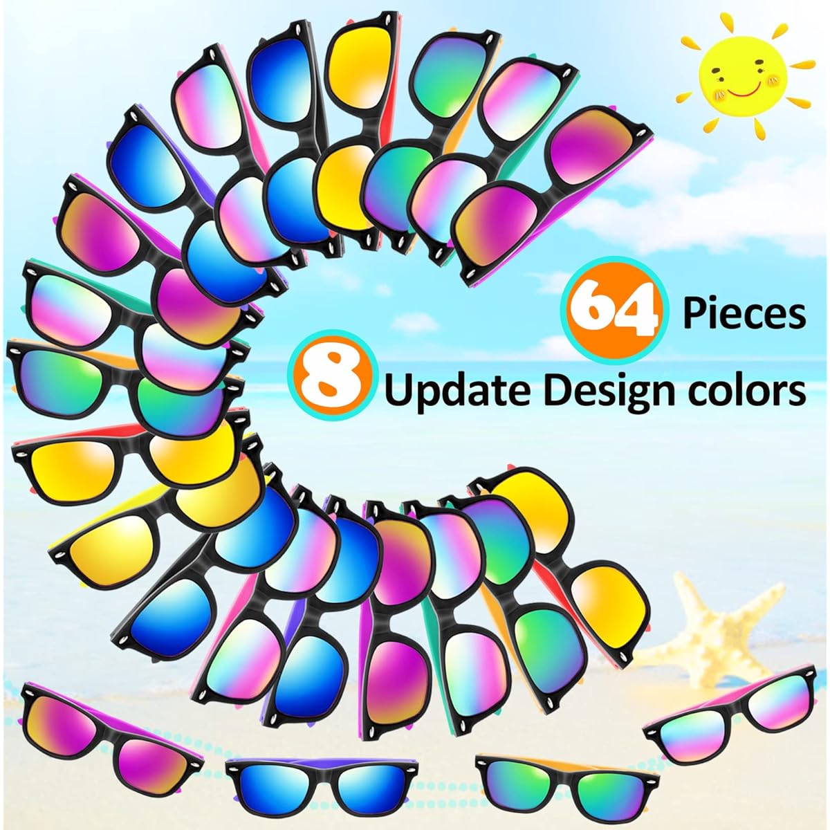 Kids Sunglasses Party Favors 64 Pack Neon Sunglasses Bulk Item UV400 Protection Boys Girls Eyewear Pack Glasses Gift Birthday Graduation Beach Pool Party Favor Goods