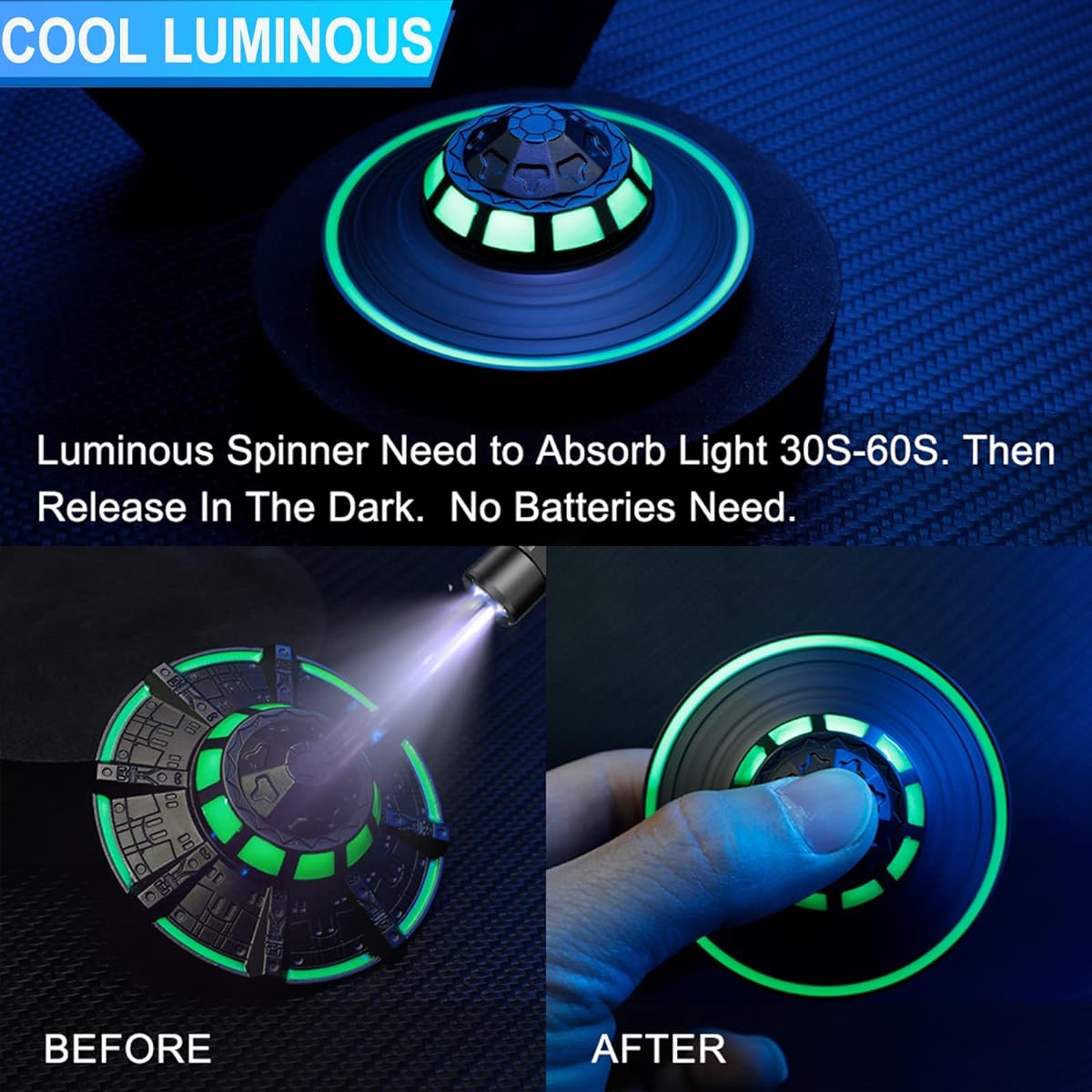 UFO Model Fidget Spinners Alloy Glow in The Dark, Luminous Fidgit Spinner Gifts for Kids Adults, Stress Anxiety ADHD Relief Figets Toy, Metal Finger Hand Spinner Toys Absorb Light Release in Dark…