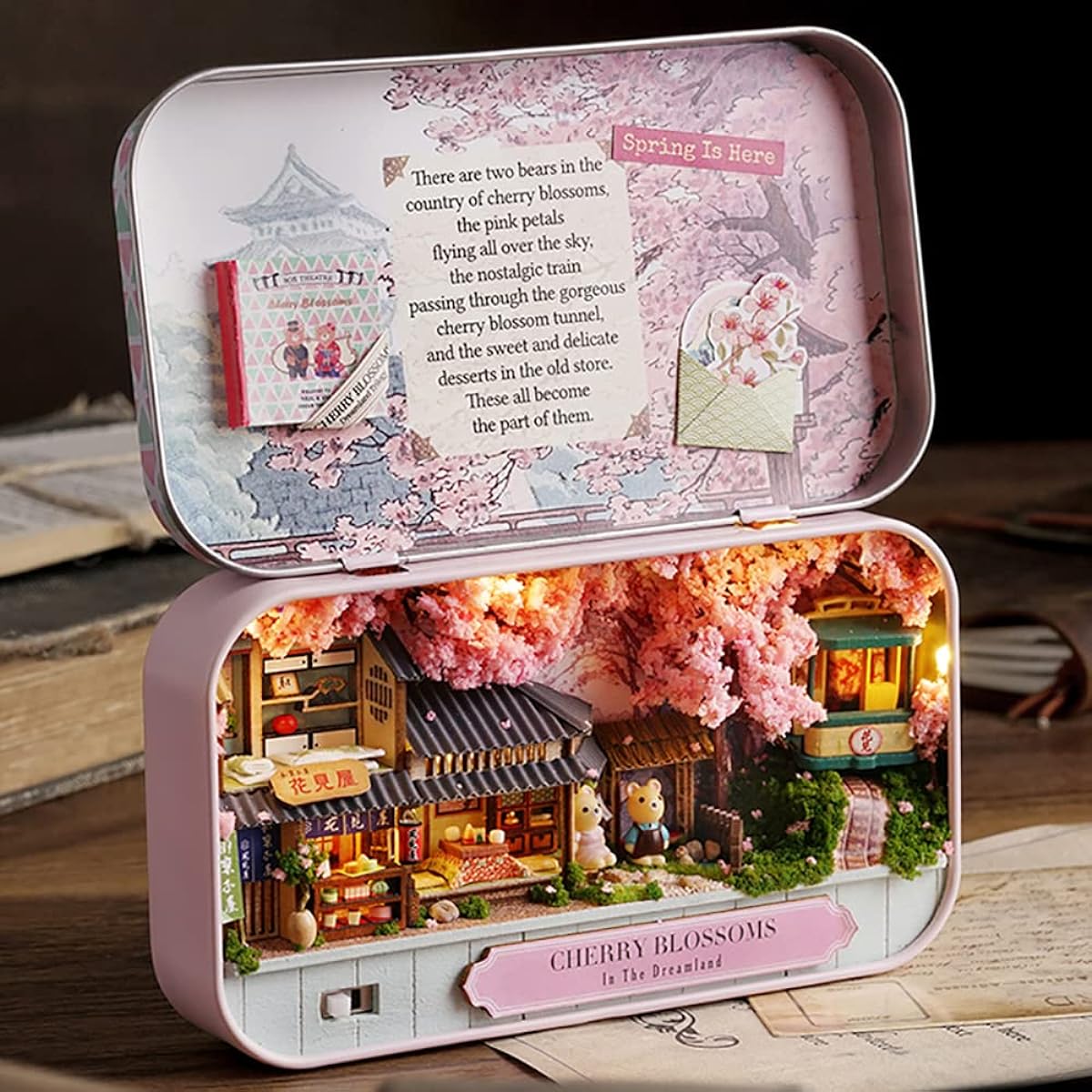eveseed DIY Iron Miniature Box Theatre Dollhouse Craft Kit Wooden Dollhouse Puzzle Led Light Furniture Kit Birthday Gift (CHERRY BLOSSOMS)