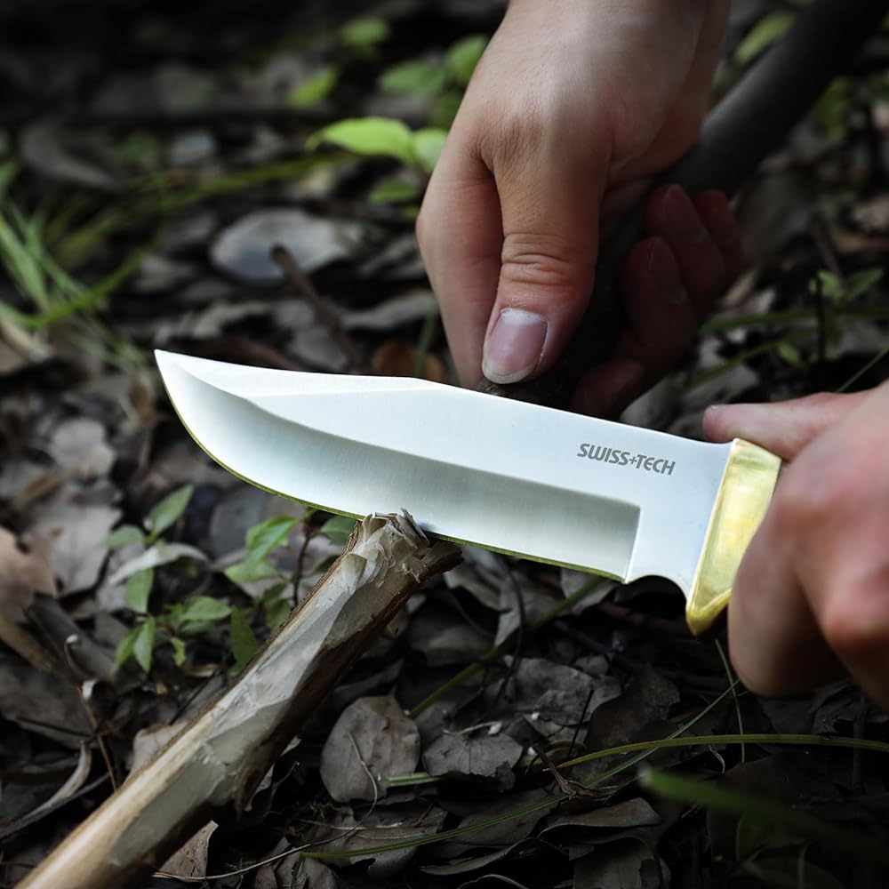 SWISS+TECH Knife, Sheath Knife, Outdoor Knife, Camping Knife, Full Tang Structure, Natural Wood Handle, Blade Length Approximately 13cm, Case Included