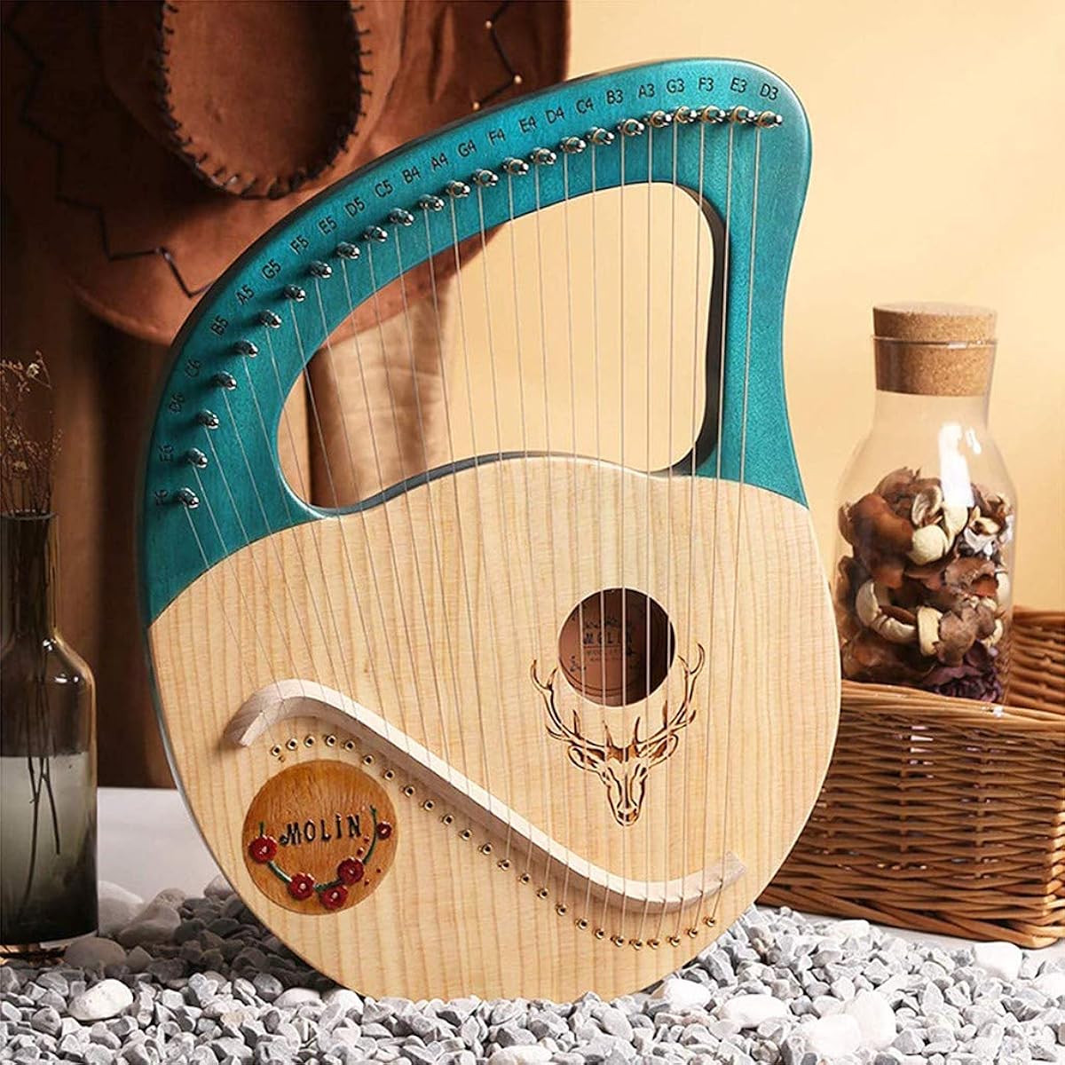 WowZza 24 String Lyre Harp Mahogany Solid Wood Musical Instrument with Tuning Wrench, Beginner Kids Adults Instrument/Green/Size