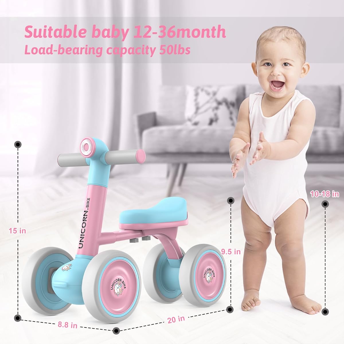 Minutry Baby Balance Walker Bike for Toddlers: 4 Wheels Preschool First Bike Walk & Ride On Toy - Perfect 1st Birthday Gift for Boys & Girls Ages 12-24 Months
