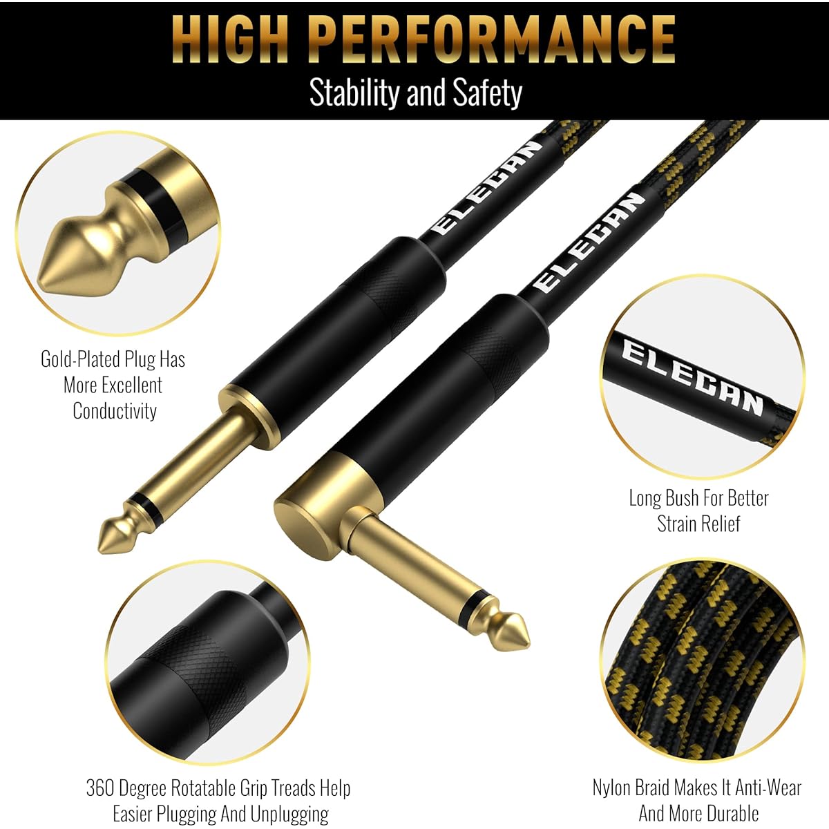 Guitar Cable 15ft/2 Pack Right Angle+Straight Instrument Cable Gold Plated Nylon Braided 90 Degree 1/4" TS Electric Bass Guitar Cord Amp Cable 6.35mm Male with 6 Guitar Picks + 5 Ties