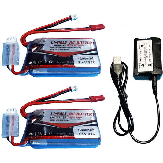 2pcs x 1200mAh 2S 35C SCX24 LiPo Battery with PH2.0 & JST Plug and USB Charger for WLtoys A949 A959 A969 A979 K929 1/10 1/16 1/18 1/24 RC Car