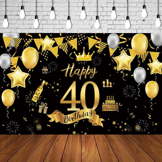 40th Birthday Backdrop Banner 40th Birthday Party Decorations Extra Large Black Gold Sign Poster Anniversary Photo Booth Backdrop Banner Birthday Party Supplies