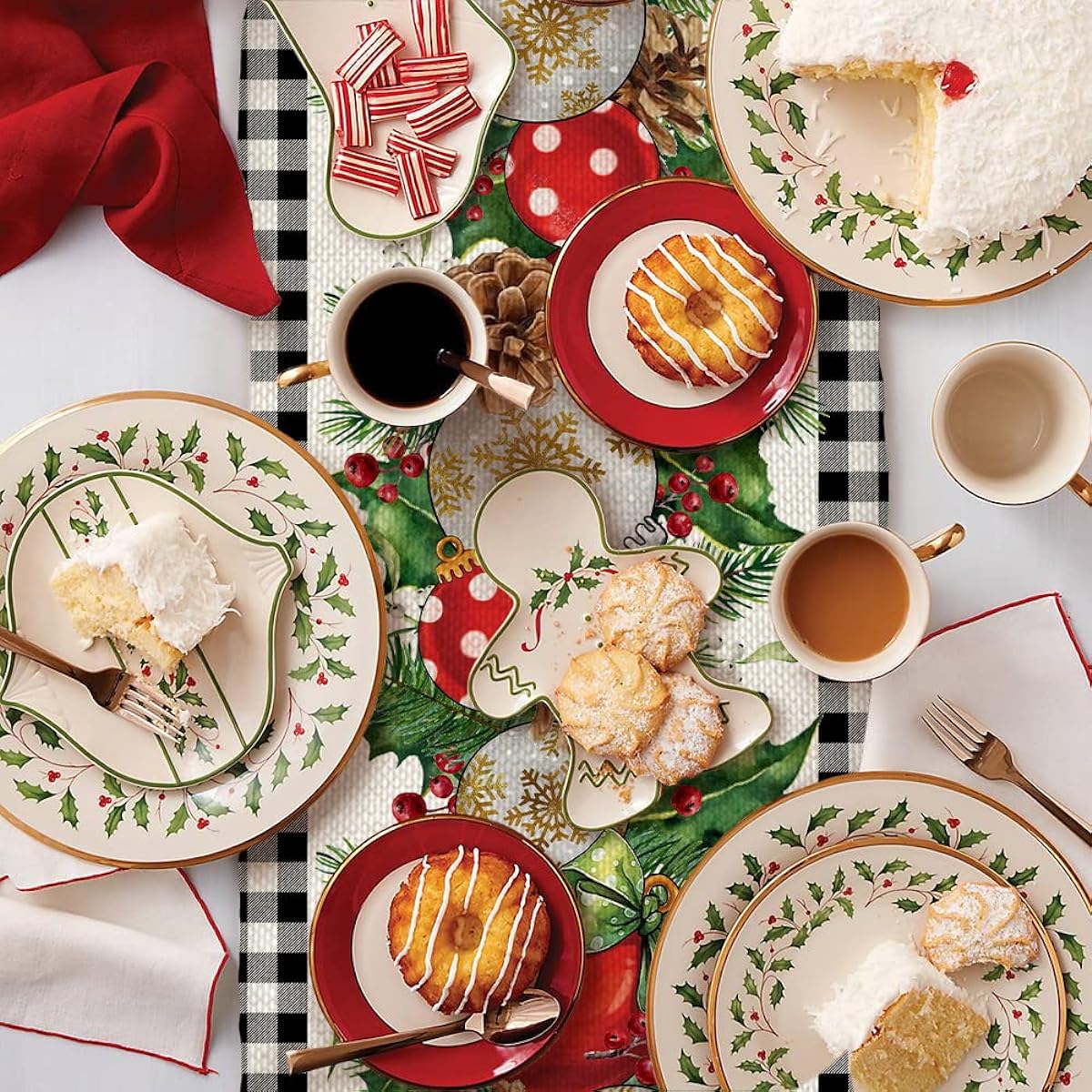ARKENY Christmas Table Runner 72" Black White Buffalo Plaid Balls Holly Coffee Home Dining Indoor Winter Seasonal Holiday Farmhouse Tabletop Decor AT349