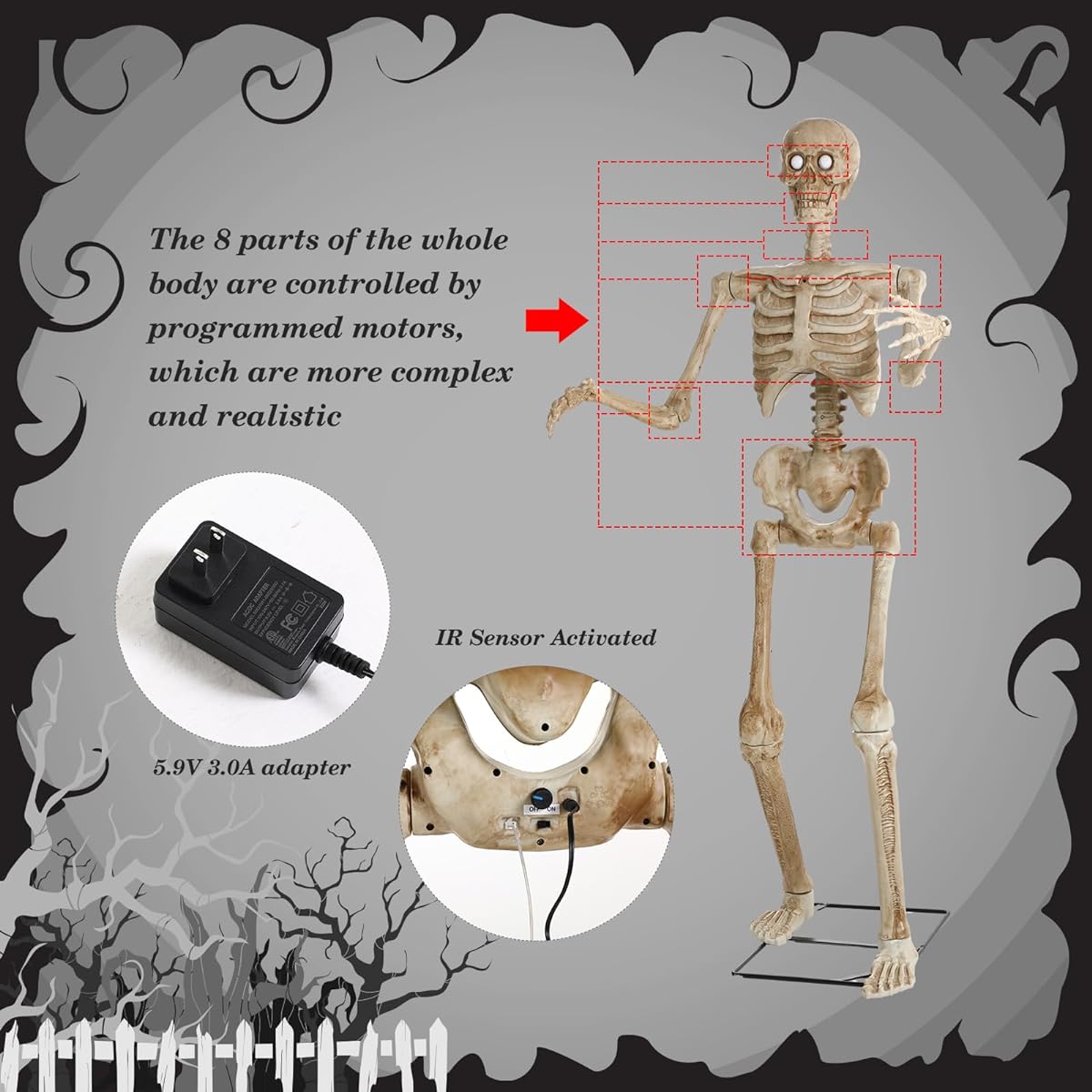 Jenaai 6ft Halloween Grimm Animatronic Decor Skeleton with Full Body Poseable Human Bones, LEDs, Realistic Glowing Moving Eyes, Spooky Sound Effects, Halloween Skeleton Decorations
