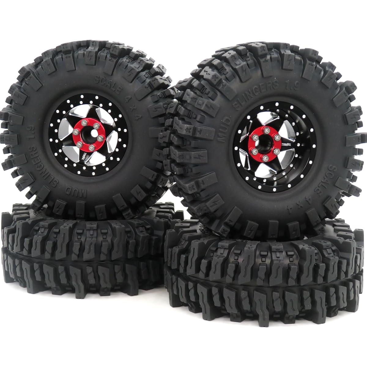 HOBBYSOUL RC 1.9 Mudslinger Tires 120mm Tall Tires & Aluminum 1.9 Beadlock Wheels Adjustable 4 Offset Black Rims 6 Spokes 1:10 Crawler for TRX4 SCX10 Gen8 (4 Pack)