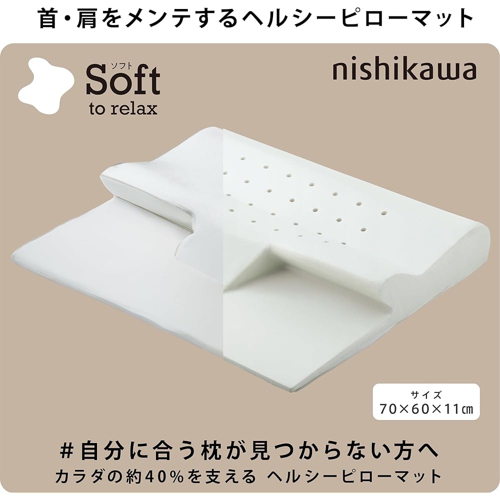 nishikawa [Nishikawa] Pillow, Healthy Pillow Mat, Memory Foam, Supports approximately 40% of the body from the neck to the back, Nishikawa Sleep Lab, Soft, Chewy, Moist and Gentle, Washable Side Fabric, White, 70X60X11cm EH92129454