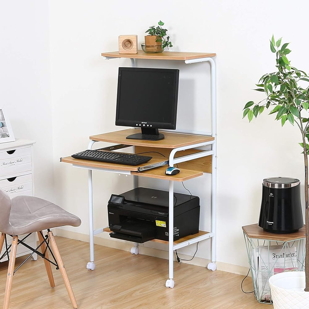 Fujiboeki Computer Desk Width 60 x Depth 48 x Height 122 cm Natural Wood Grain with Keyboard Tray Simple Fit 66740