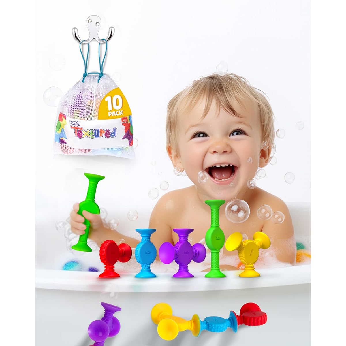 BUNMO 10 Piece Textured Suction Bath Toys | Connect, Assemble, Create | Mold Free Bath Toys | Hours of Fun and Creativity | Fine Motor Skills | Stimulating and Addictive Sensory Suction Toy | No Holes Bath Toy