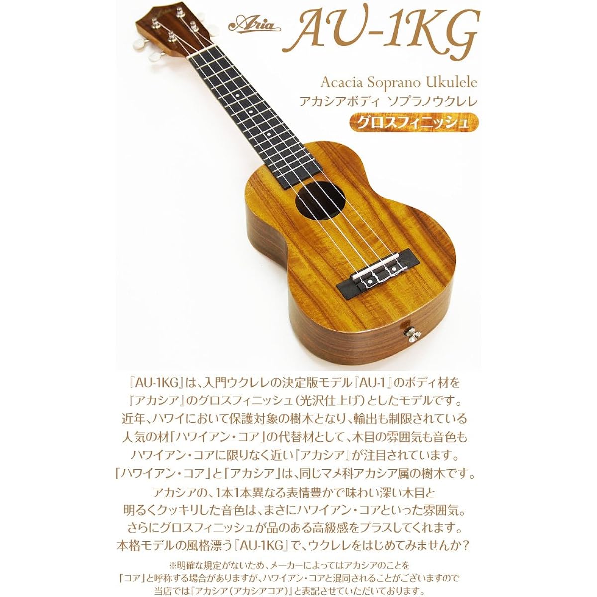 Ukulele Aria AU-1KG Soprano Stand with Replacement Strings Special 10 Piece Set Core Material String Height Adjusted Aria (with end pin) (u)