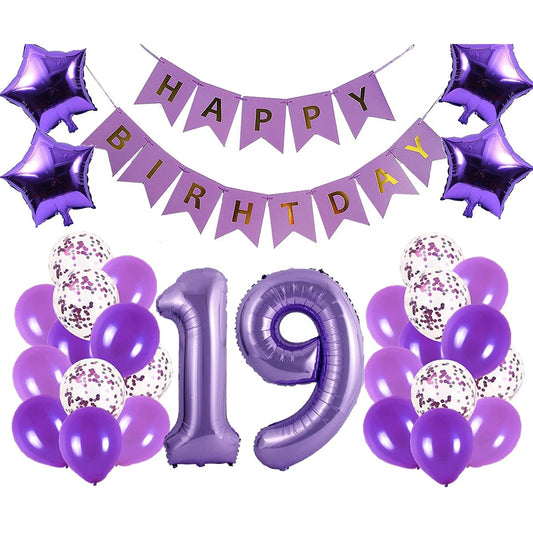 19th Birthday Party Decorations Kit,Happy Birthday Banner,Number 19 Birthday Balloons,Birthday Party Supplies,19th Purple Birthday Party Pack