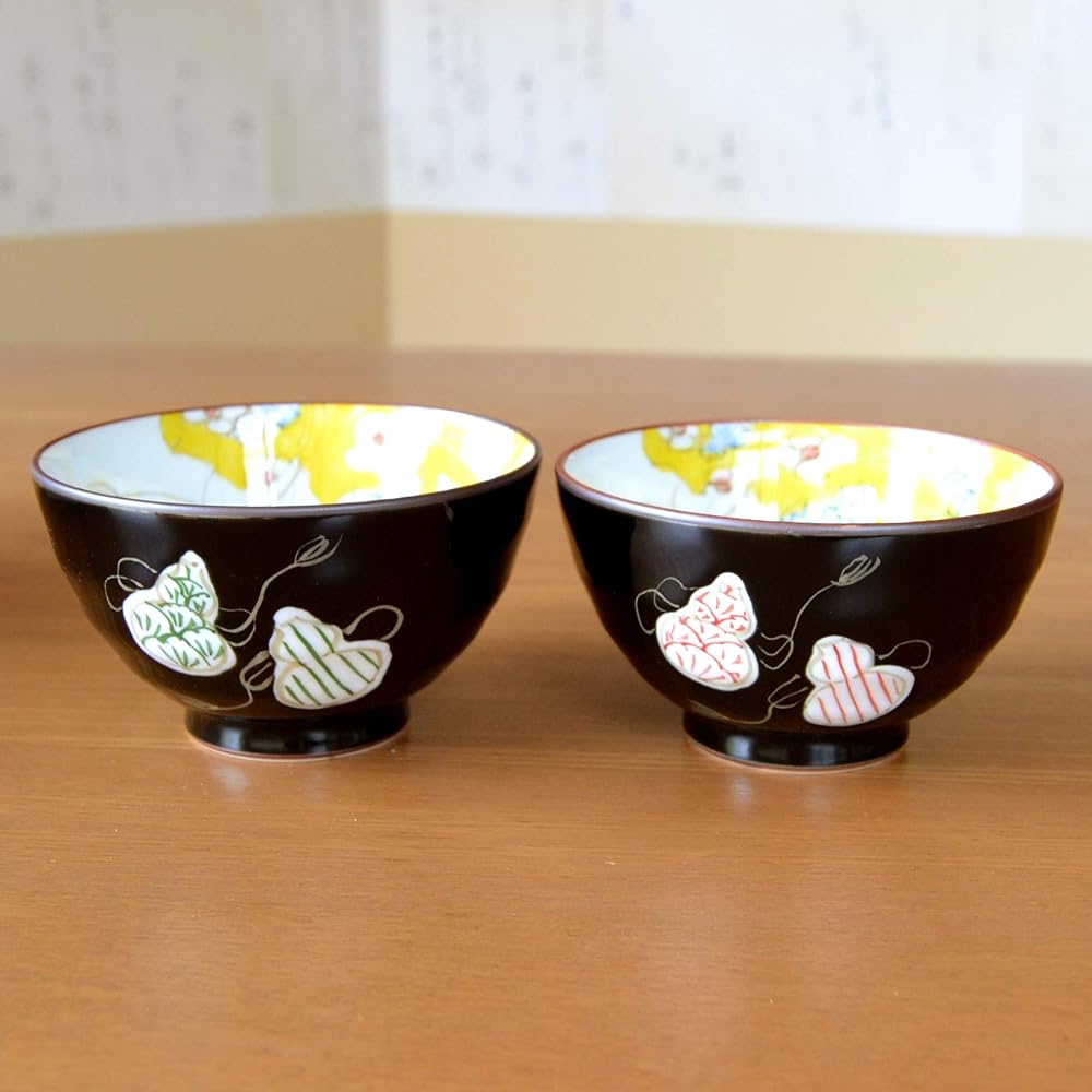 Golden wedding present, auspicious gift for good health, Arita ware couple's bowl, rice bowl, pair, six gourd colors, gift card and message card included, wooden box
