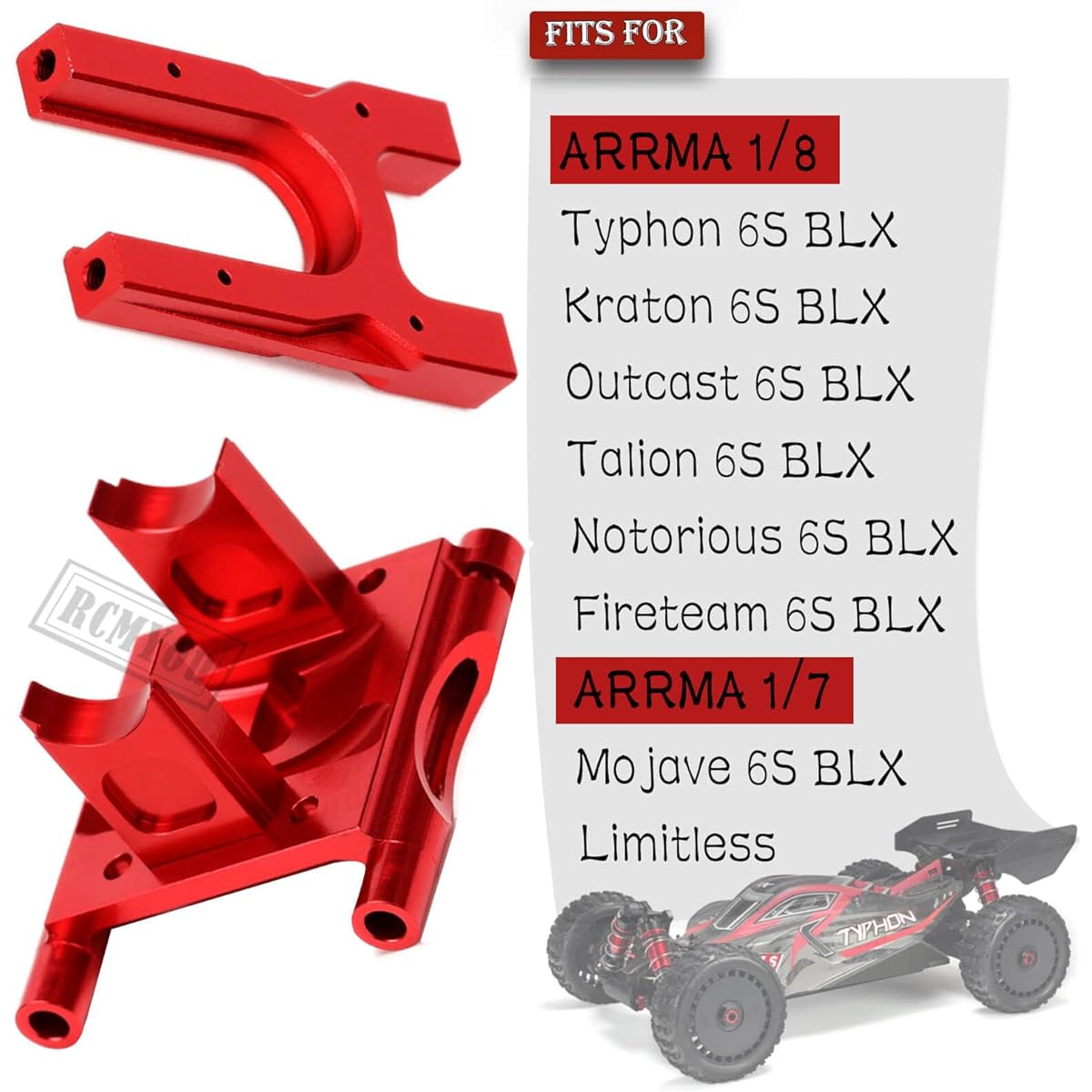RCMYou Aluminum Center Diff Mount/Differential Cover Mount/Slide Motor Mount Upgrade Parts for ARRMA 1/8 Typhon/Kraton/Notorious/Outcast/Talion 6S BLX 1/7 Mojave 6S BLX/Limitless Red