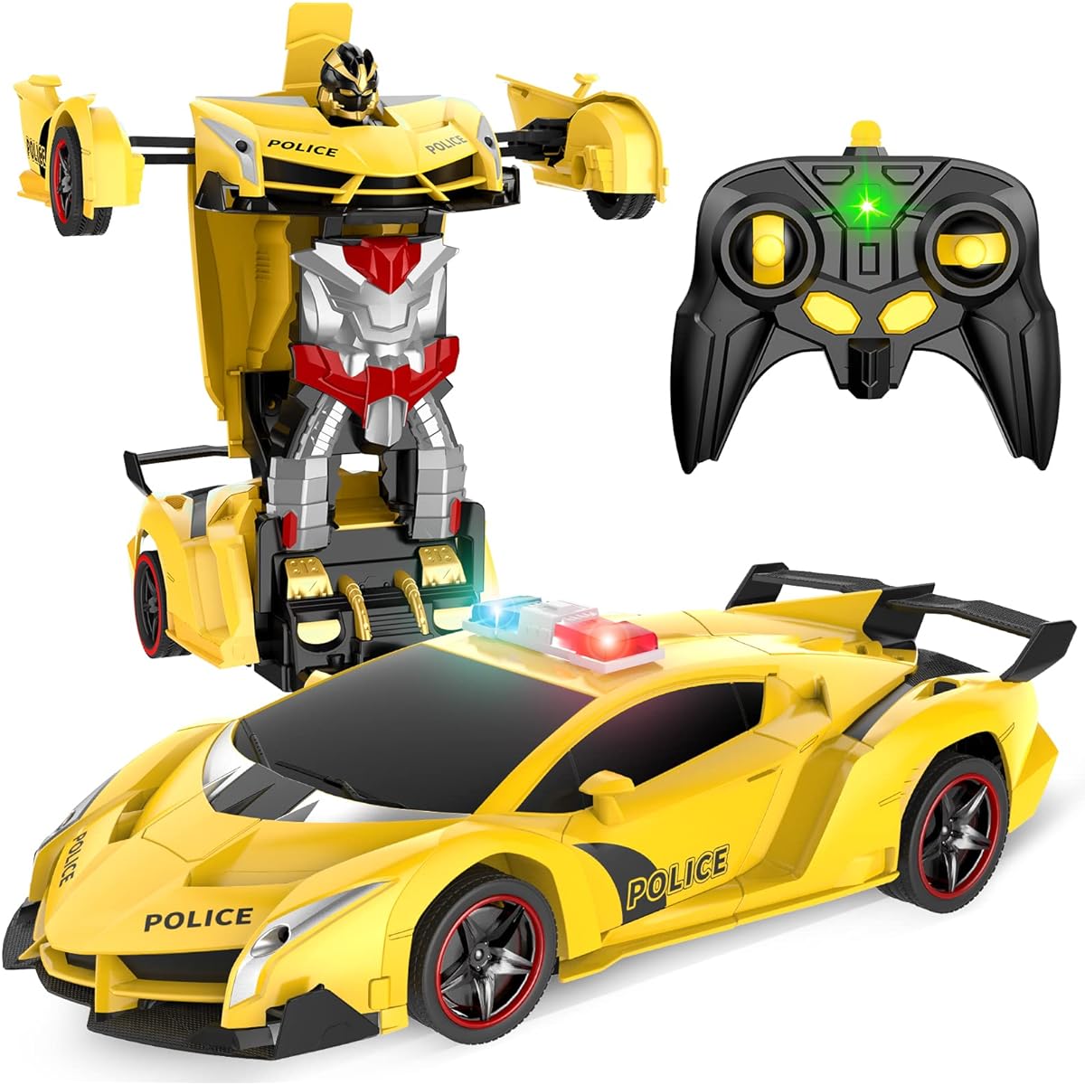 Febyhim Remote Control Car 2.4Ghz Transform RC Car 1:18 Scale Police Car Toy with Flashing Lights One Button Transformation 360 Degree Rotation Drift Toy for Boys 4-7 Years Old