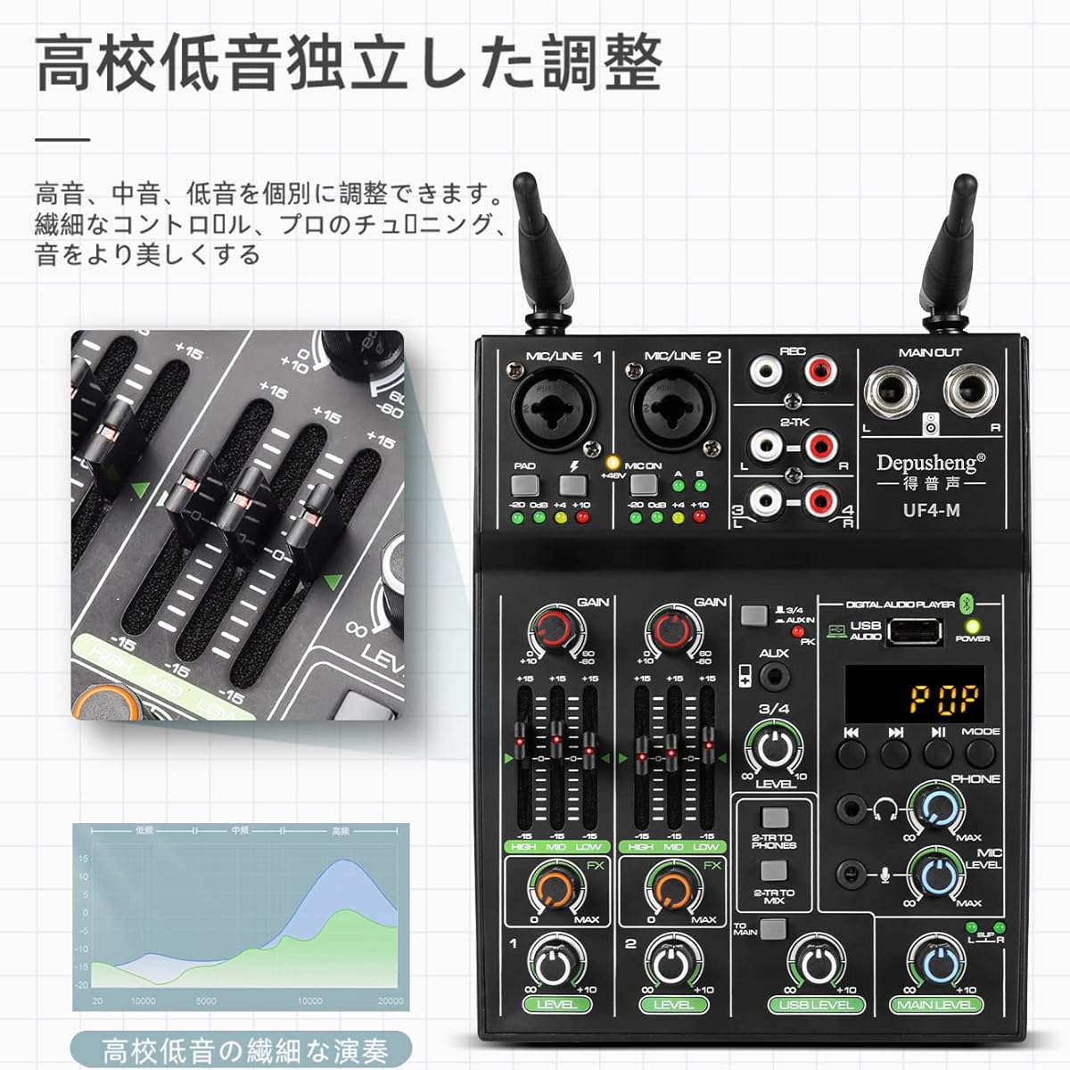 Depusheng Studio Audio Sound Mixer Board - 4 Channel Bluetooth Compatible Professional Portable Digital DJ Mixing Console with Wireless Microphone - Mixing Board for Studio Recording