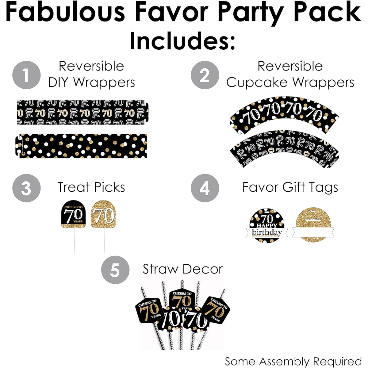 Big Dot of Happiness Adult 70th Birthday - Gold - Birthday Party Favors and Cupcake Kit - Amazing Favors Party Pack - 100 Pieces