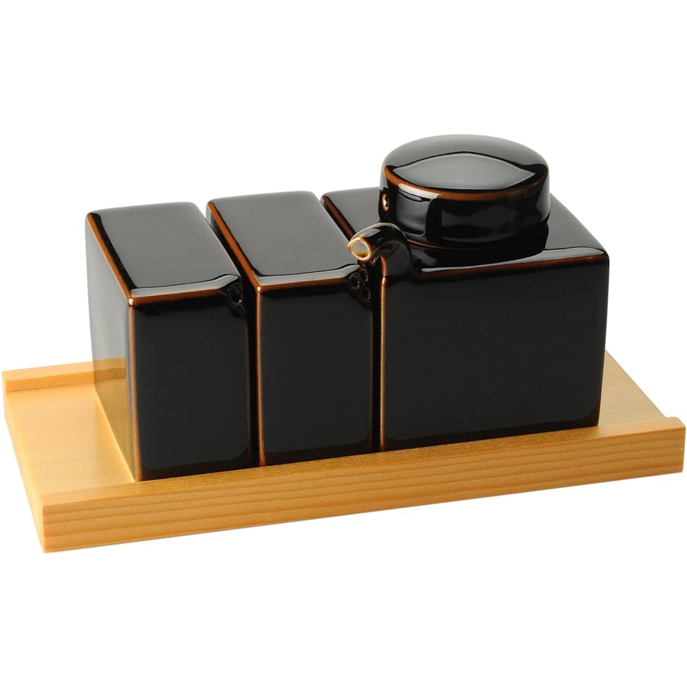 Hakusan Pottery 3-piece condiment set (with wooden stand) Tenmoku