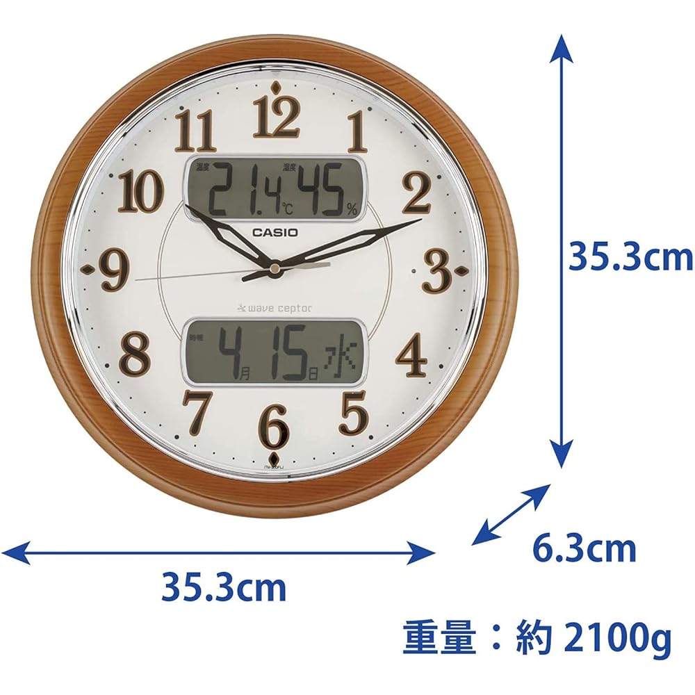 CASIO Wall Clock Radio Wave Brown Diameter 35.3cm Analog Always On Wild Birdsong Time Signal Function Temperature Humidity Calendar Display ITM-900FLJ-5JF