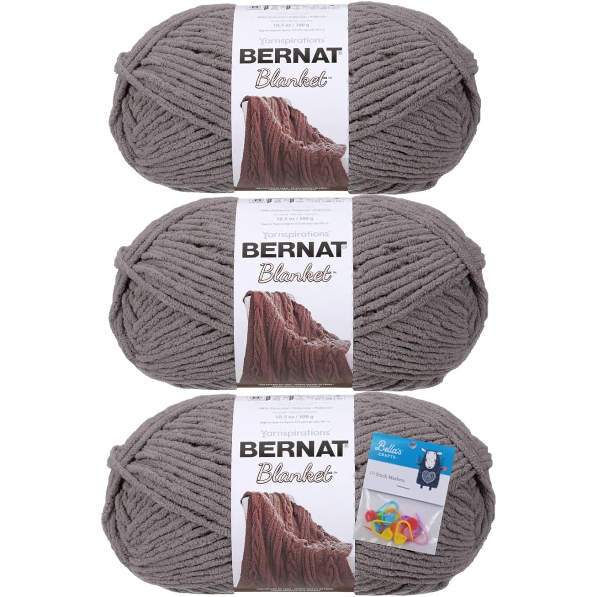 Bernat Blanket Big Ball - 10.5 oz - 3 Pack Set Bella's Crafts Stitch Markers (Dark Grey)