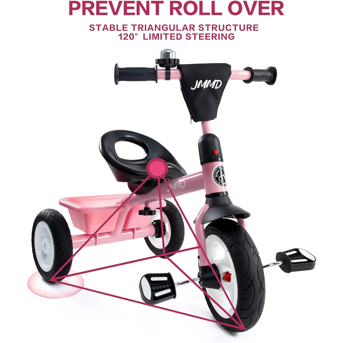JMMD Toddler Tricycle, Kids Tricycle, Tricycle with Adjustable Seat, Storage Basket, Rubber Tires, Easy Installation, Riding Bike, Ages 2 to 5, Boys, Girls, Gift, Pink