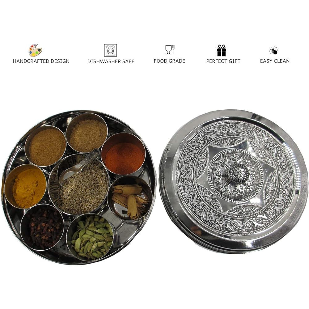 Actio Spice Box Indian Masala Dabba Storage Container - Stainless Steel Kitchen Organizer Designer Gift Box