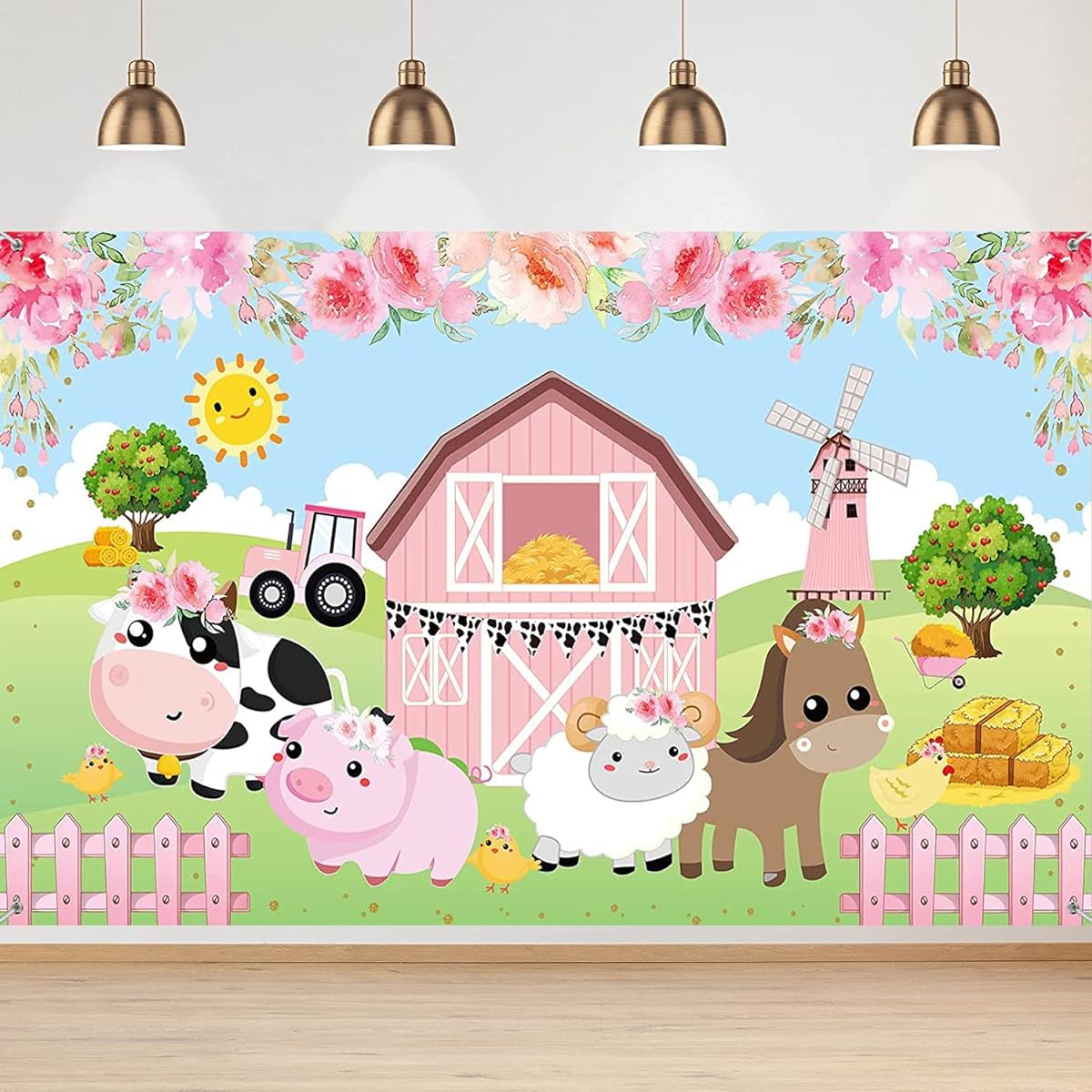 Farm Animals Party Decorations Supplies Pink Flowers Barn Backdrop Banner for Kids Birthday Party Supplies Photo Background Photo Booth Banner 72.8 x 43.3 Inch