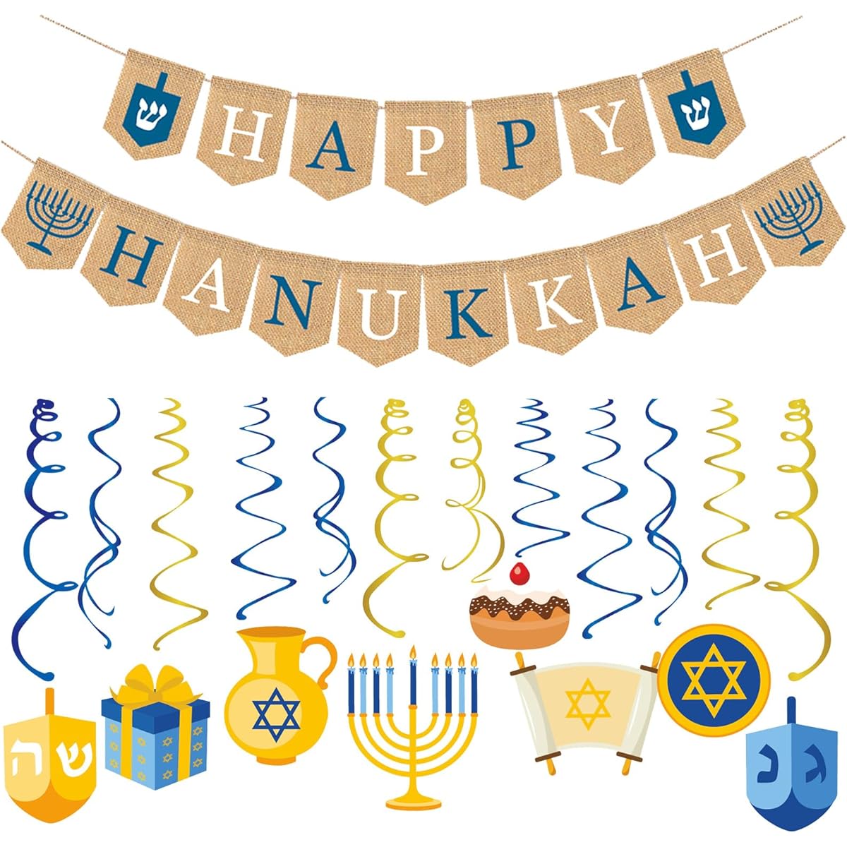 Geyoga Hanukkah Decorations Burlap Hanukkah Decorative Banner Hanukkah Hanging Swirls Menorah Donut Jewish Hanukkah Festival Party Decorations Hanging Ribbons Holiday Backdrop Banner 16pcs