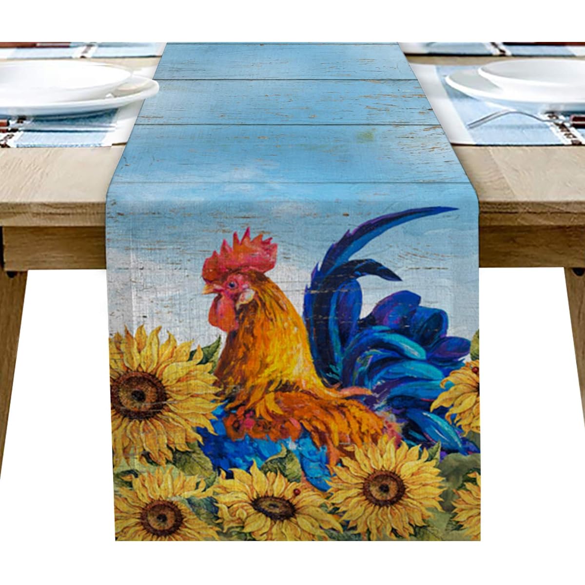 Ldtrchee Floral Rooster Sunflower Field Burlap Table Runner 120" Retro Wood Stripe Woodgrain Bed Runner Dresser Scarf for Tabletop Indoor Outdoor Party Ceremony 13" x 120"