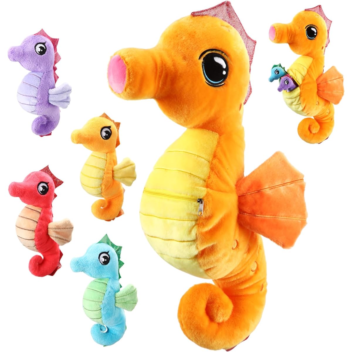 Shappy Seahorse Stuffed Toys Set of 5 17 Inches Mummy Seahorse Stuffed Animals with Soft Zipper Seahorse Stuffed Animals for Boys Girls Birthday Sea Party Decoration