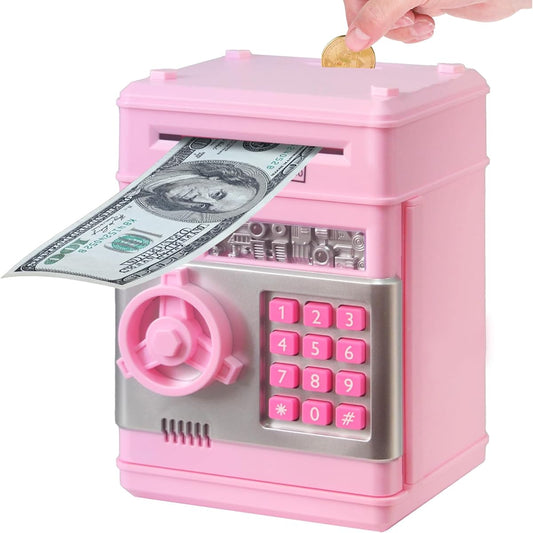 ALSOMTEC Piggy Bank for Boys and Girls Digital Electronic Money Bank Mini ATM Cash Coin Saving Tin Money Box Toy Birthday Gift for Kids, 4.7*5.1*7.5inch, Light Pink