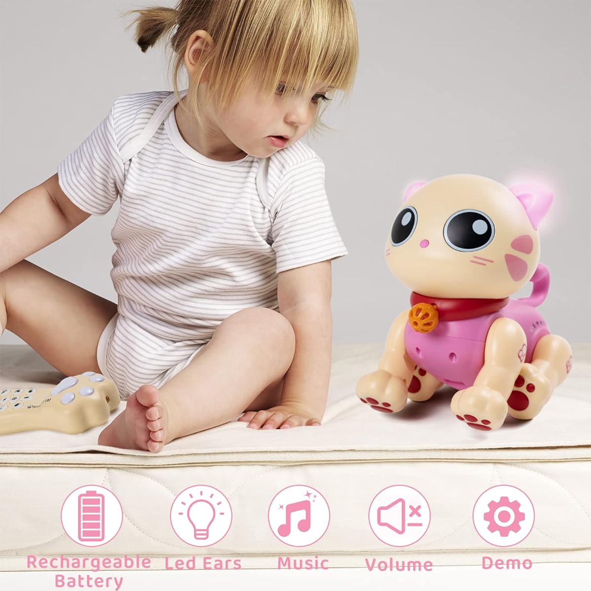Marstone Robot Cat Toy for Kids 1 2 3 4 5 6+ Year Old Girls Birthday Gift Remote Control Kitty Toddler Toys for 2-4 Years Interactive Pet Program Dancing LED Ear Music 3-5