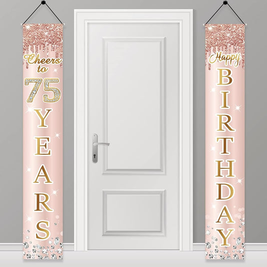 75th Birthday Decorations for Women Door Banner Pink Rose Gold for 75th Birthday Porch Sign Party Supplies Happy 75th Birthday Backdrop Decor for Outdoor Indoor