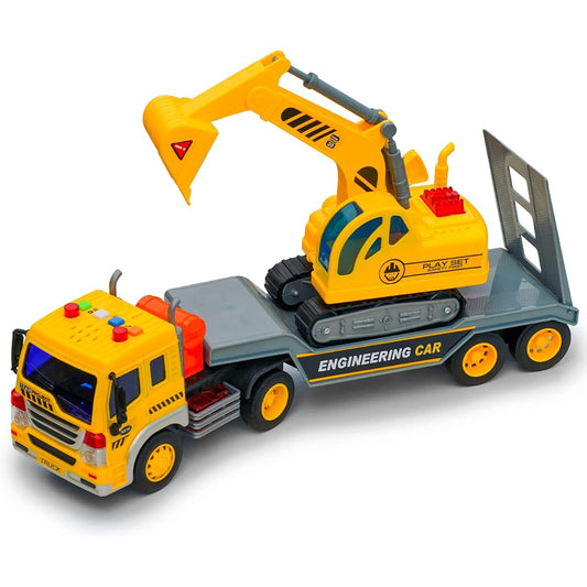 TOYTHRILL Tow Truck with Excavator for Boys Ages 2+ Construction Truck Toys Semi Truck with Excavator with Lights and Sounds Flatbed Truck Toy Push & Go Construction Vehicle for Kids