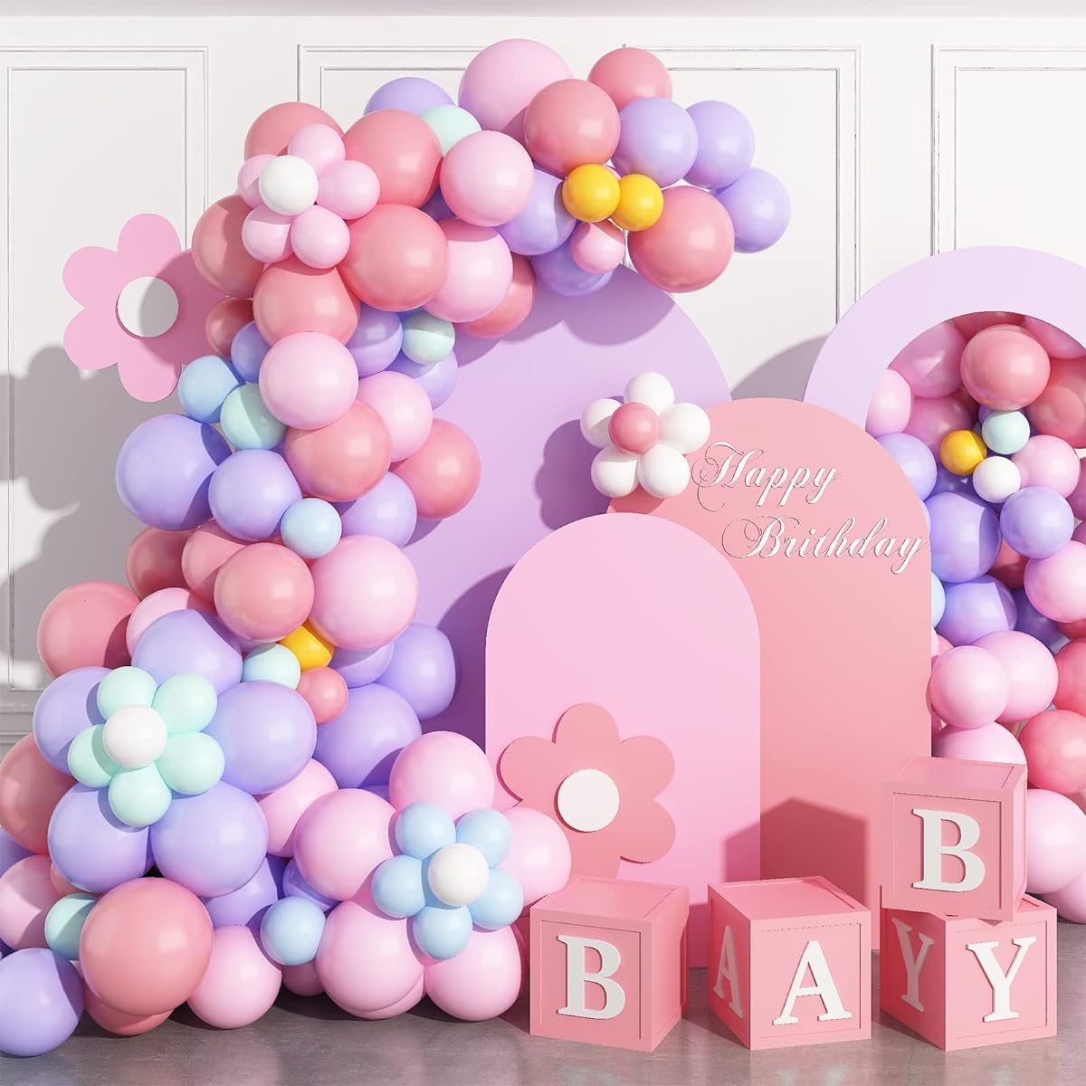 KAINSY Groovy Retro Party Decorations Set - 135 Pieces 10/5 Inch Boho Theme Balloon Garland Arch Kit Daisy Hippie Style Baby Shower Kids Girls Birthday Party Decorations