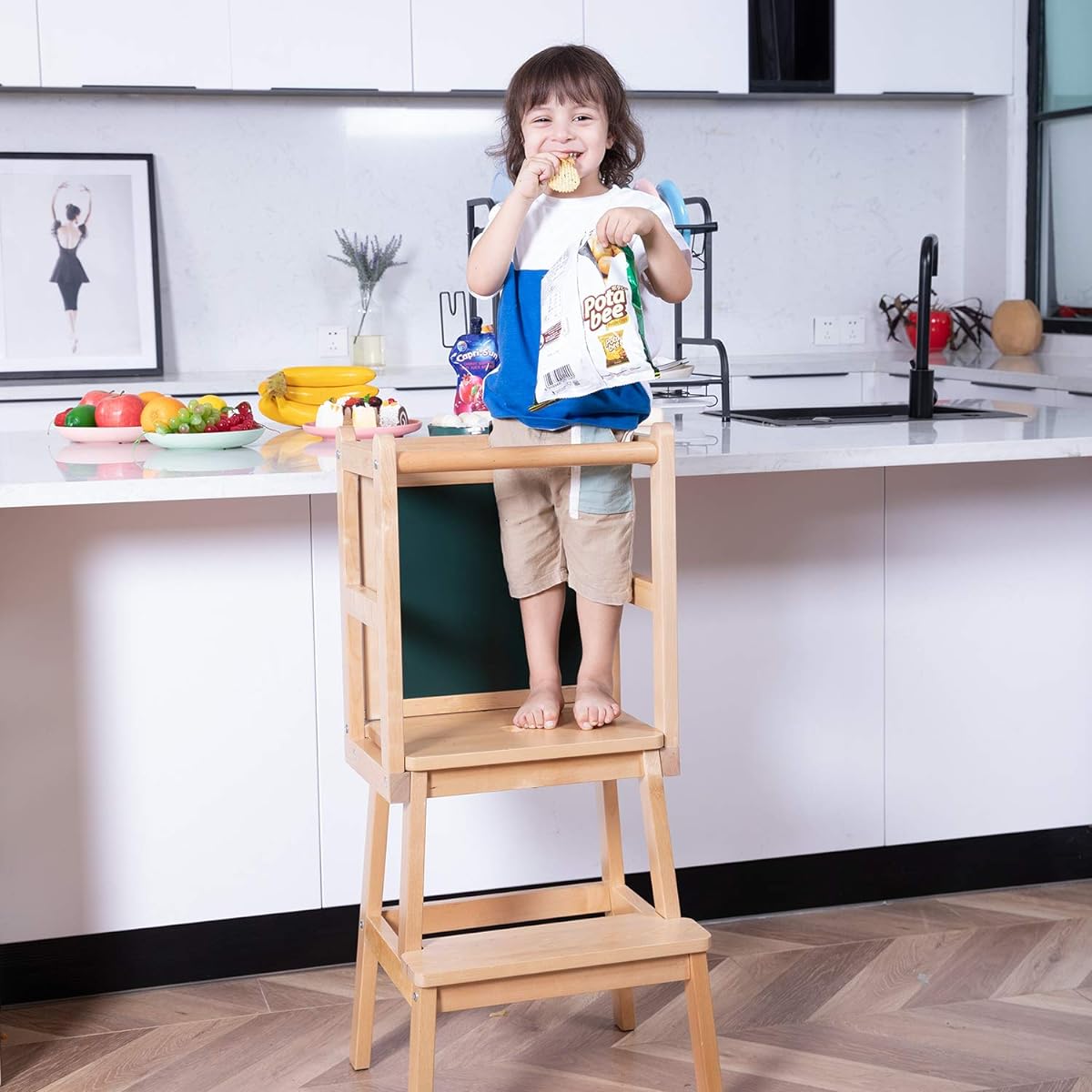HOUCHICS Toddler Wooden Step Stool Solid Birch Wooden Children's Standing Tower Kitchen Tower Helper for Kitchen Bathroom