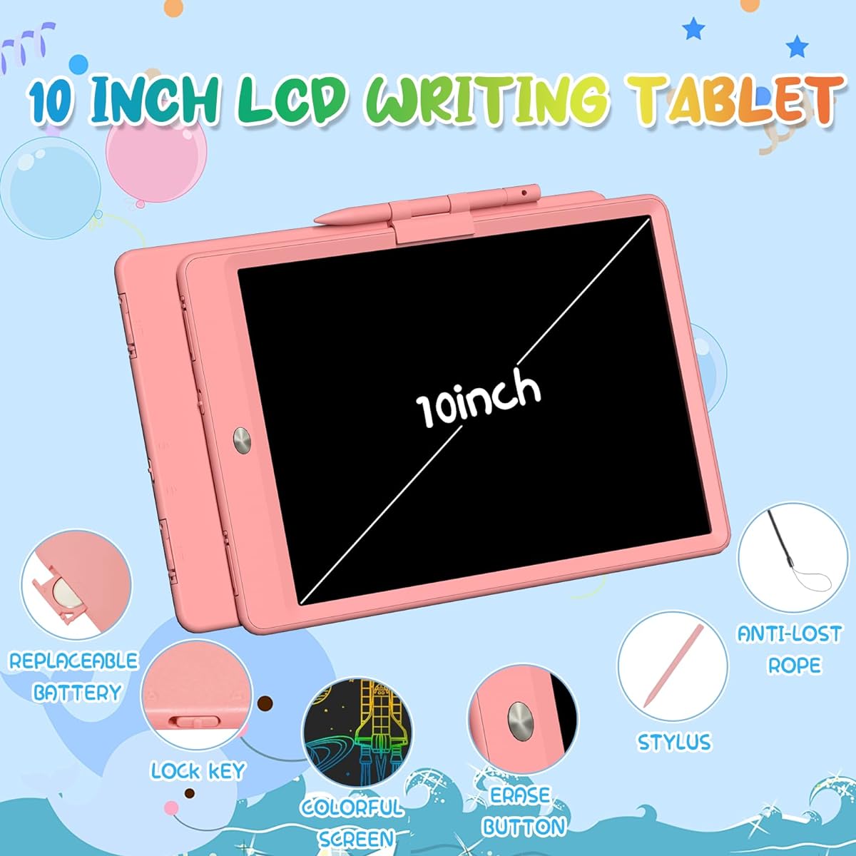 PYTTUR 10" LCD Writing Tablet for Kids, 2 Pack Learning Drawing Tablets, Reusable Toddler Educational Drawing Pad for Children Christmas Birthday Gift for Boys Girls (2 Pink)