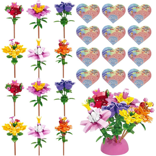 Aulymp Valentine's Day Gifts for Kids Boys Girls 12 Pack Valentine's Day Party Favors Blocks Flower Bouquet Building Kit Valentine's Day Gifts for Kids for Classroom or Prize Exchange