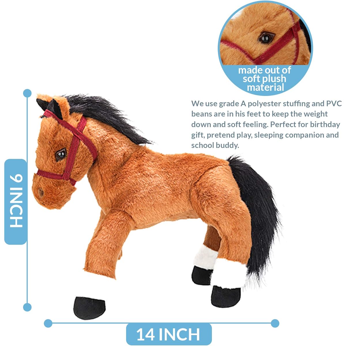 Plushland 14" Soft Brown and Black Stuffed Horse Plush Animal Toy for Baby Boys Girls Holiday Birthday Christmas Halloween Thanksgiving Back to School ADHD Autism Handmade Gift Sleep Companion