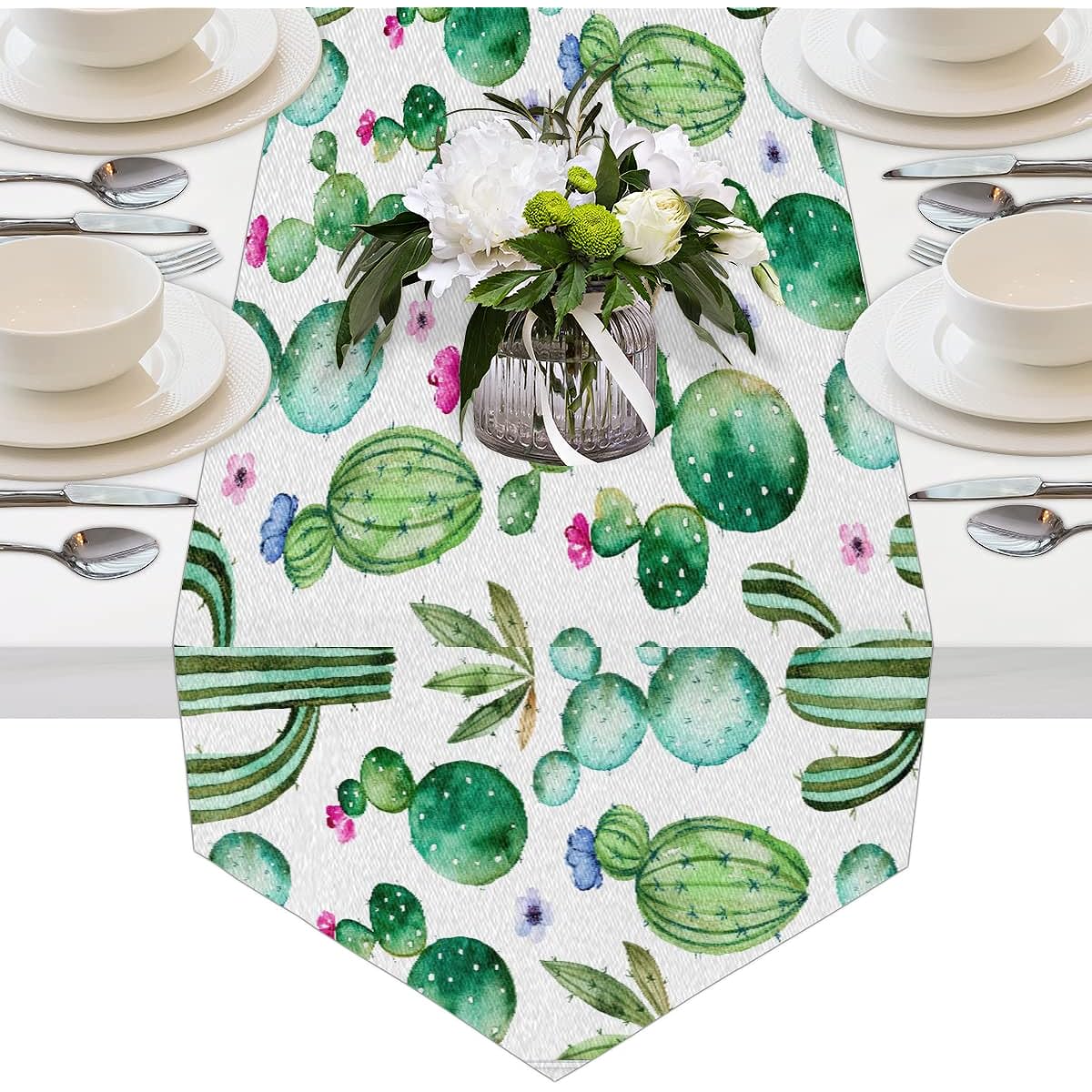 AUUXVA Table Runner 13x70 Inches Long Tropical Cactus Pattern Decorative Polyester Table Runner Tablecos Home Coffee Kitchen Dining Table Party Banquet Holiday Decoration 13x70 inches