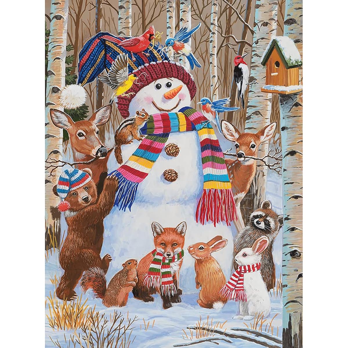 Bits and Pieces - 1000 Piece Jigsaw Puzzle for Adults 20' x 27'' - Woodland Animals Decorating a Snowman - 1000 Piece Winter Snow Holiday Forest Scarf Bird House Jigsaw Puzzle by Artist William Vanderdasson