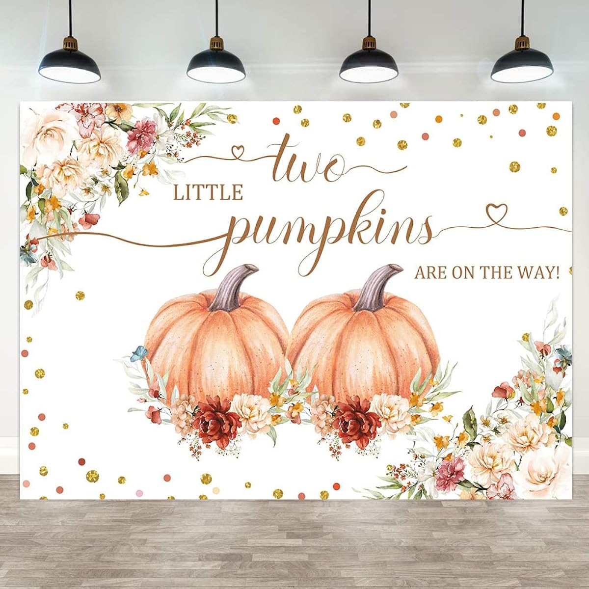 Hilioens 7x5ft Autumn Pumpkin Twins Baby Shower Backdrop with Two Small Pumpkins on the Way Girls Boys Baby Shower Photo Backdrop Fall Floral Gold Dots Party Banner Decoration