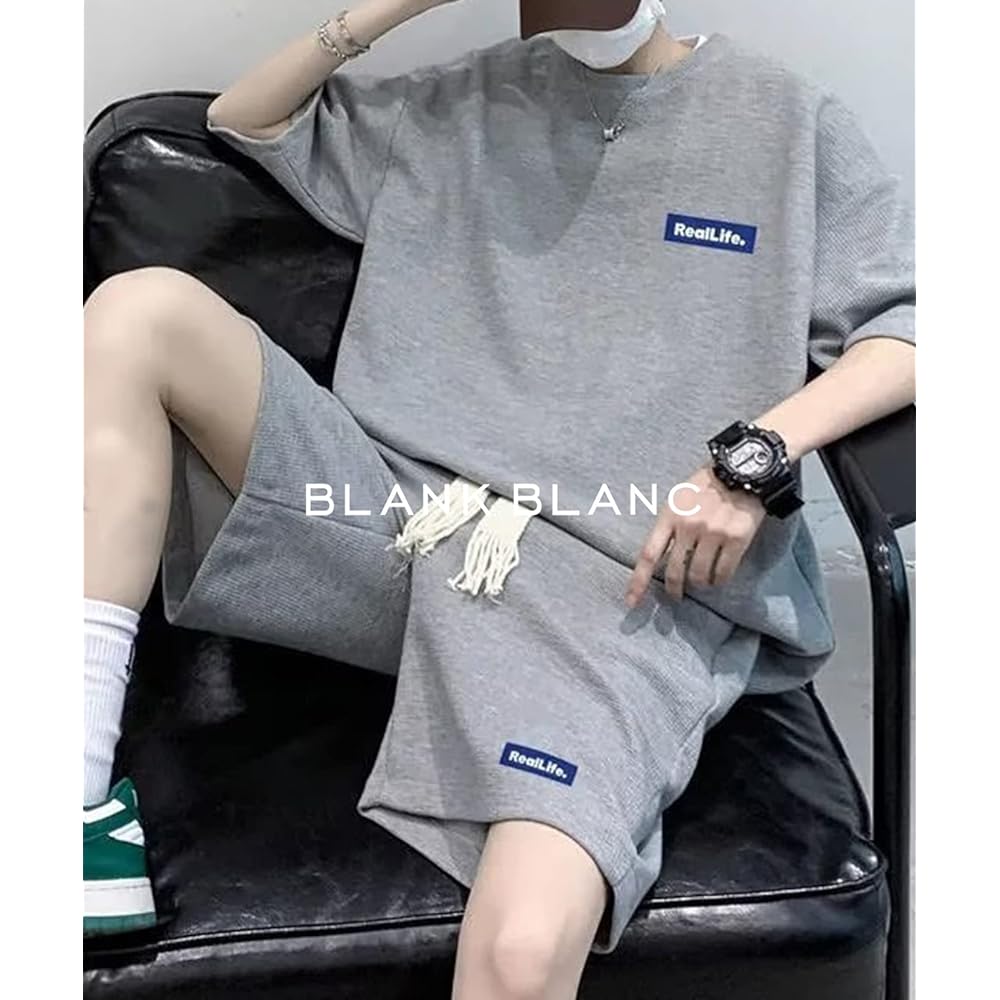 [BLANK BLANC] Top and Bottom Setup Men's Waffle Room Wear T-Shirt Shorts with Belt Spring Summer B13