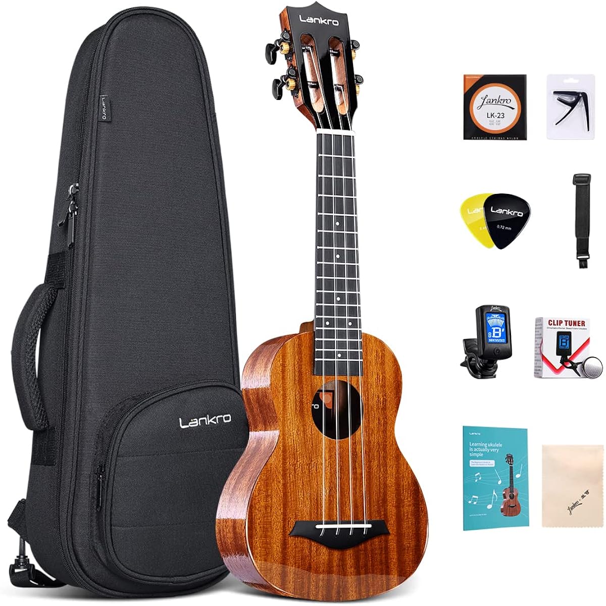 Lankro Concert Ukulele Beginner 23" Solid Mahogany Ukulele Professional Wooden Ukulele Beginner Kit with Gig Bag Pick Tuner Strap Carbon Fiber String Cleaning Cloth