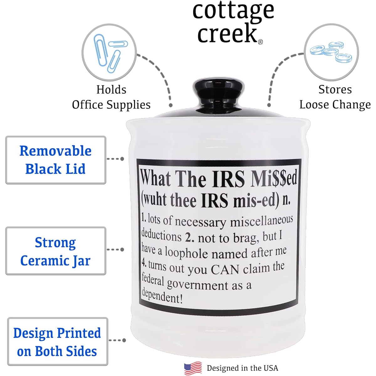 Cottage Creek Piggy Bank What The IRS Missed Definition Coin Bank Round Ceramic Tuck Piggy Bank with Black Lid IRS Piggy Bank IRS Jar [White]