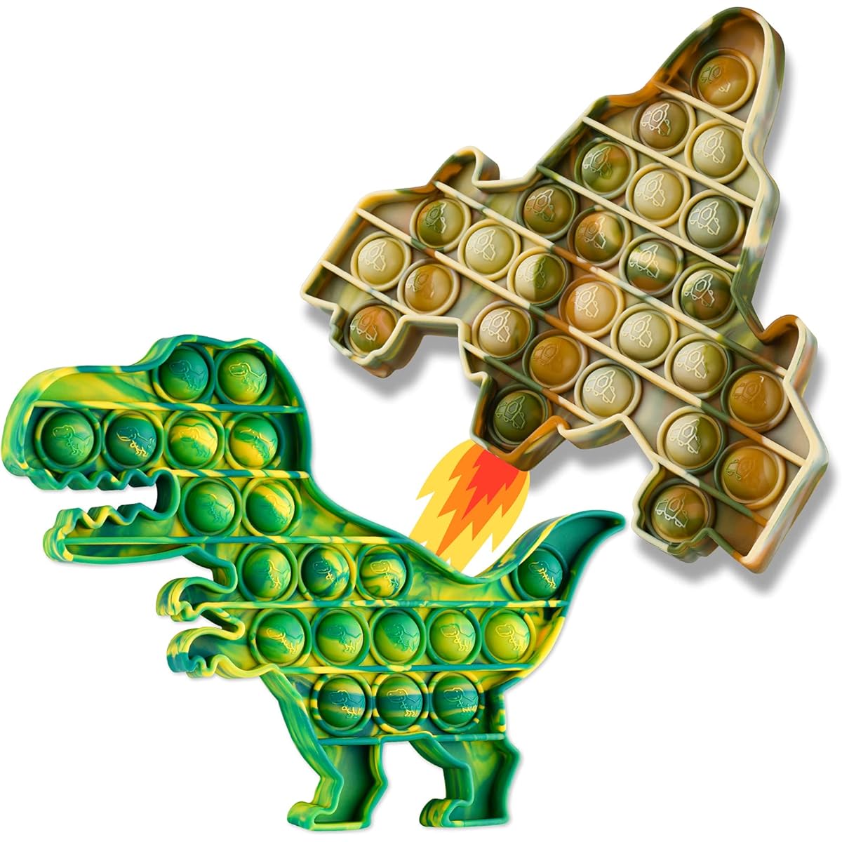 NiHealth Fidget Pack Push Pop Bubble Fidget Sensory Fidget Toy Stress Relief Bubble Popper Fidget Toy Silicone Squeeze Toy for Kids Adults Camouflage Color T-Rex Dinosaur with Fighter Jet